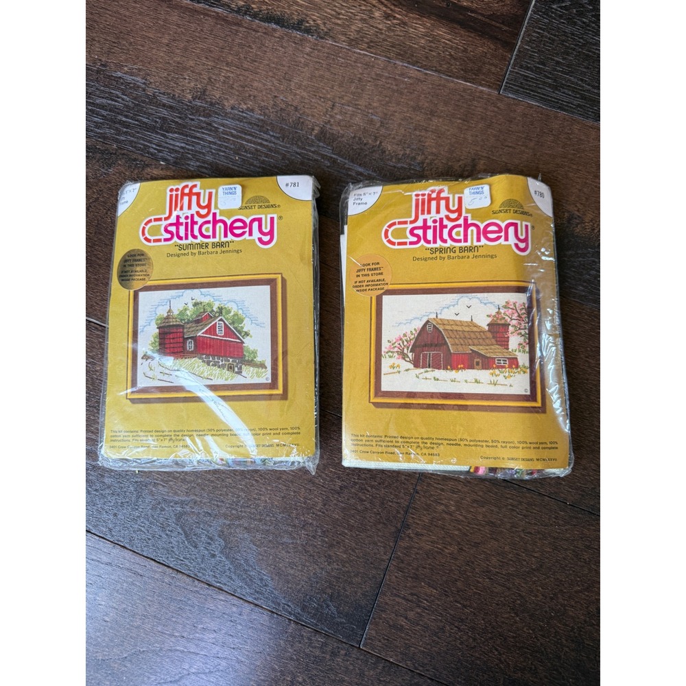 Jiffy Stitchery Crewel Kits 5x7 780 781 NOS Vintage Barn Sunset Designs 2pk